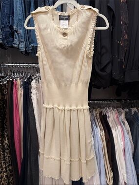 CHANEL Cream Knit Sleeveless Dress with Scalloped Trim